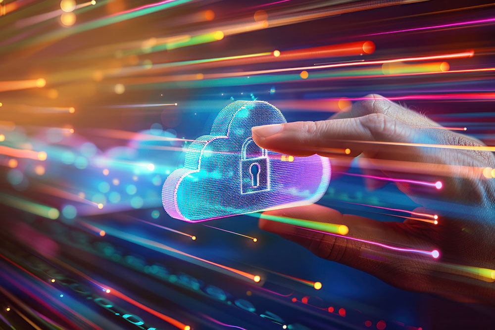 A digital hand holding a glowing cloud icon with a lock symbol, surrounded by vibrant light streaks, representing secure cloud technology and data protection.