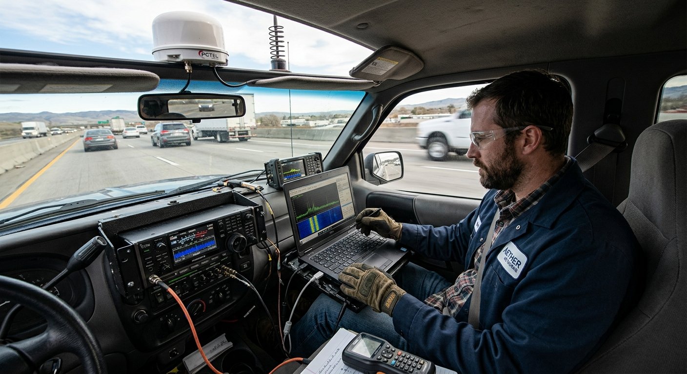 Technician conducting outdoor drive test with vehicle-mounted GPS and RF scanning equipment