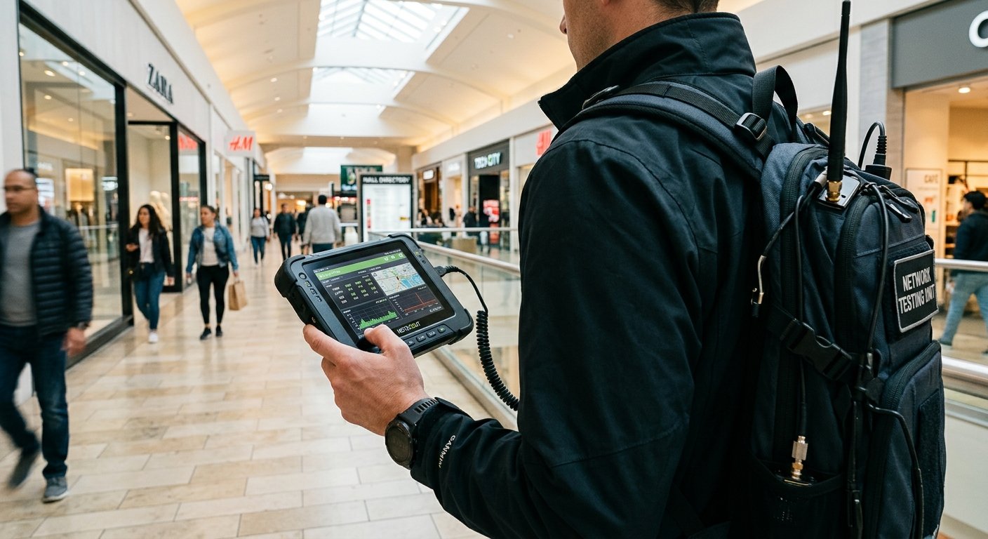 Backpack-mounted mobile network testing device used for indoor walk testing in a shopping mall