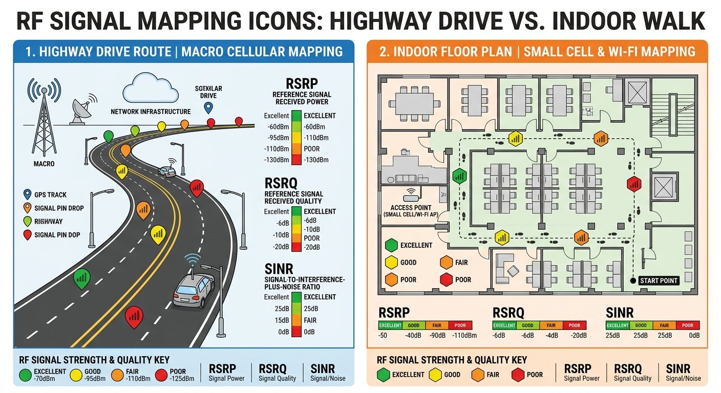 Technical diagram comparing RF KPIs measured in drive test routes versus indoor walk test floor plans