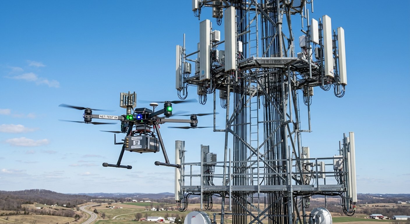 Drone equipped with network testing sensors performing vertical coverage measurement near a cell tower