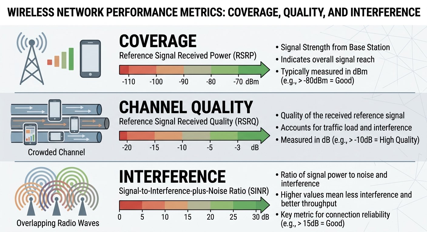 Infographic showing RSRP RSRQ and SINR as coverage, quality, and interference layers