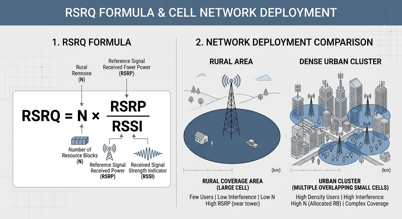 Diagram comparing RSRQ formula inputs RSRP and RSSI across rural and urban cell sites