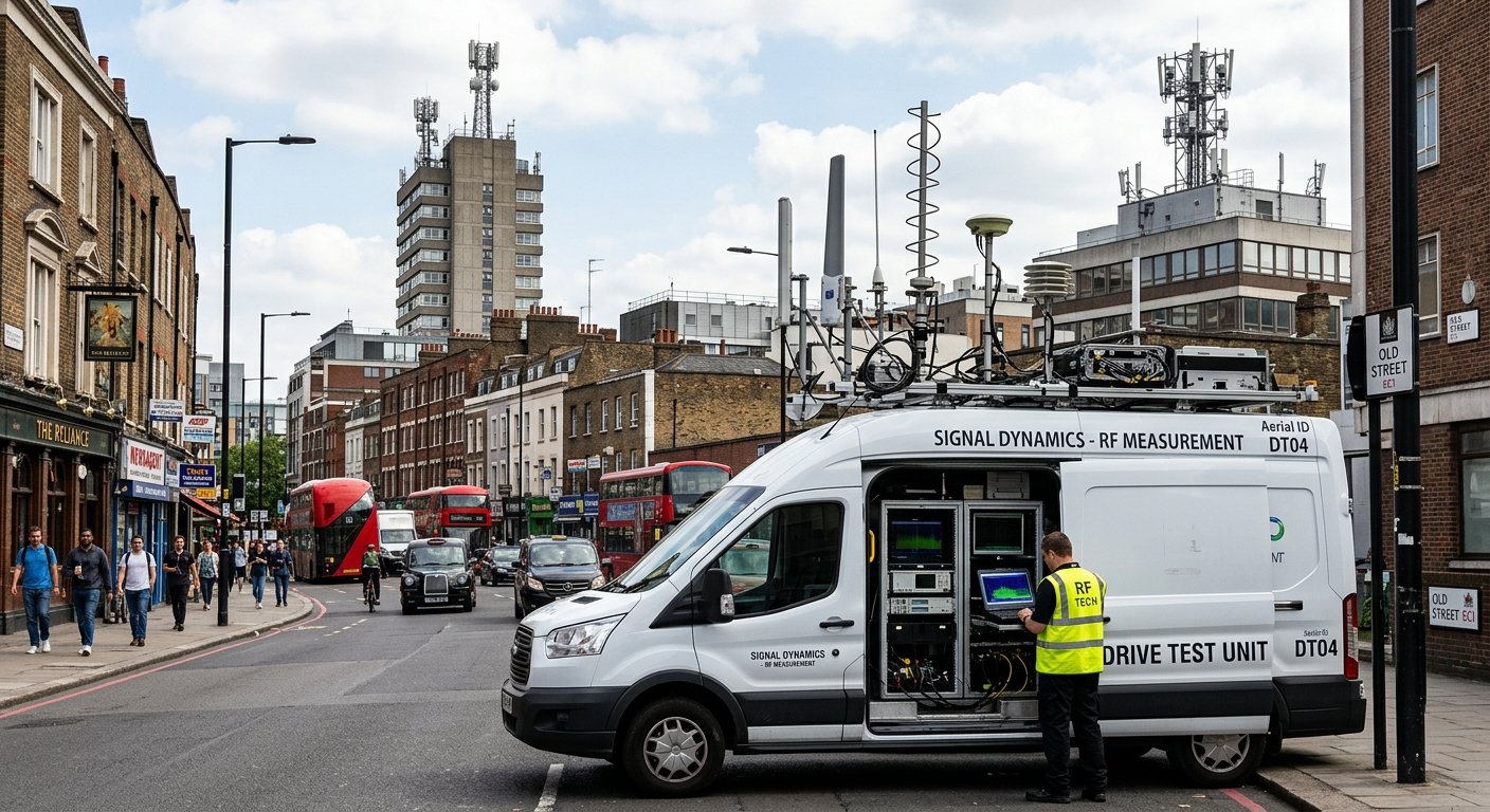 Drive test vehicle with rooftop antennas measuring signal interference in a dense urban street