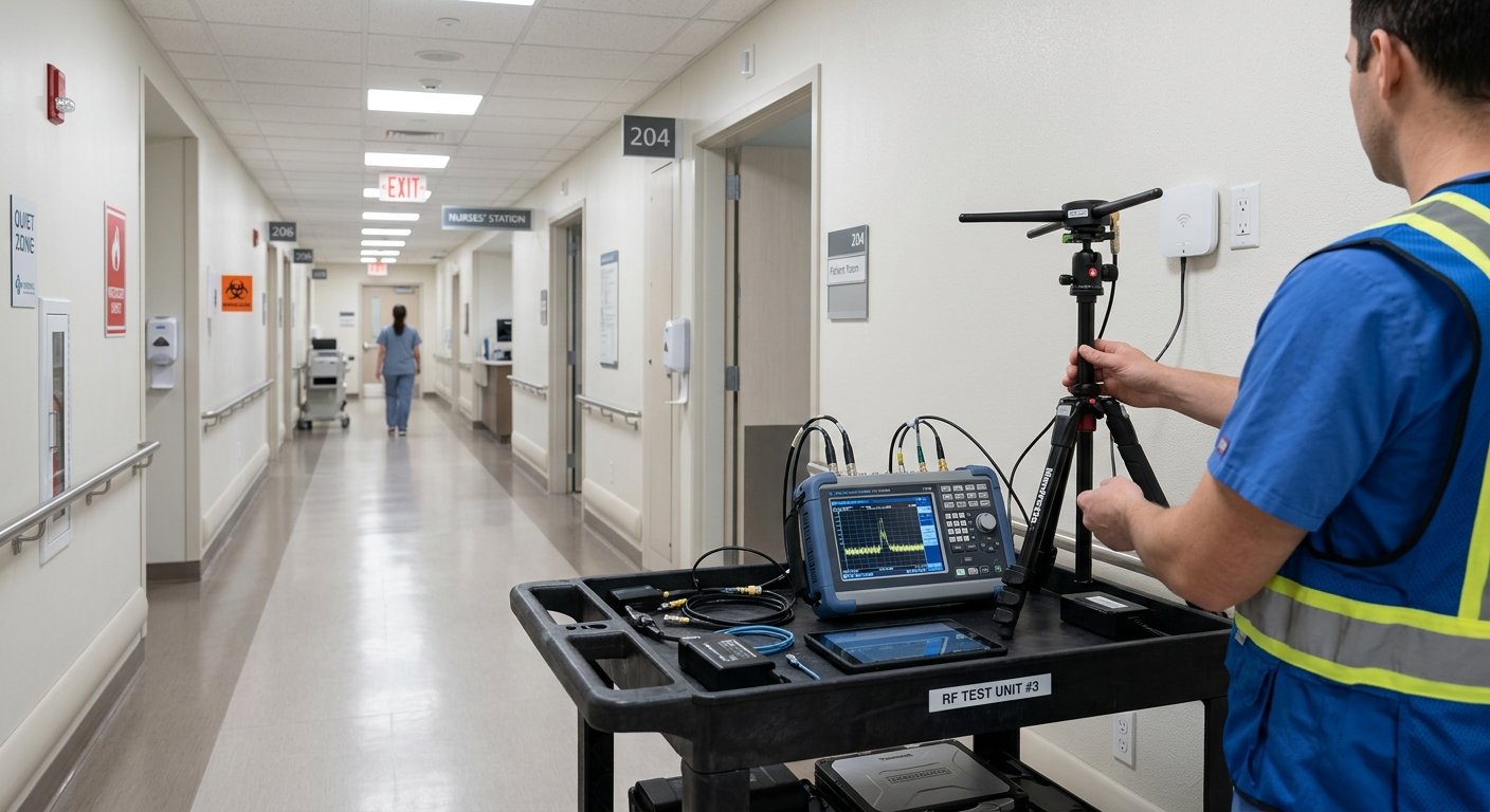 Indoor wireless network testing setup in a hospital corridor measuring RSRP RSRQ SINR