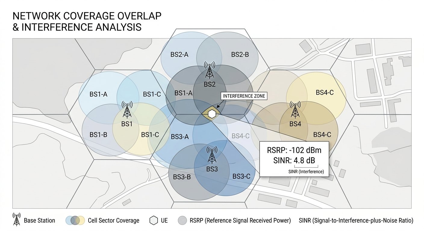 Diagram showing overlapping cellular coverage zones causing pilot pollution and SINR degradation