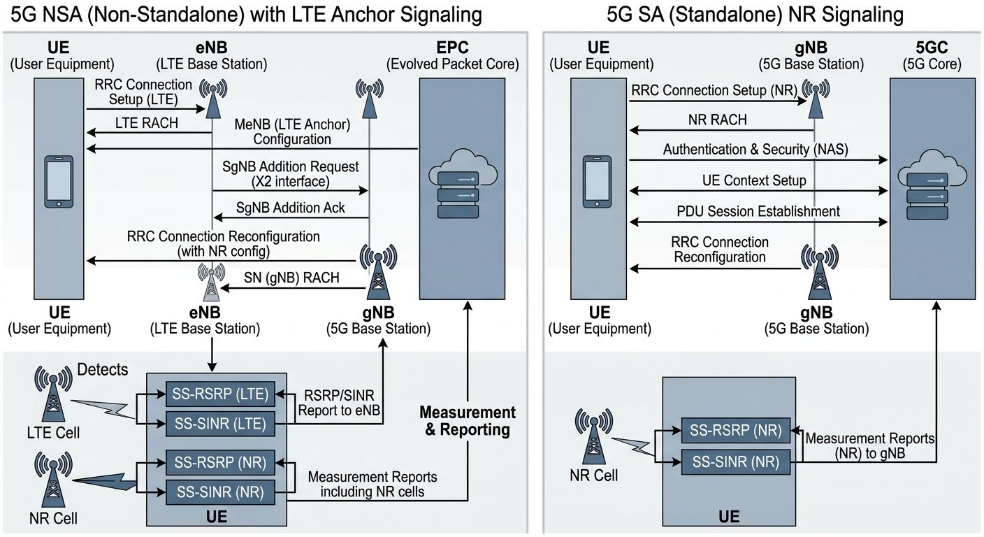 Comparison diagram of LTE anchor signaling in 5G NSA versus standalone NR signaling in 5G SA