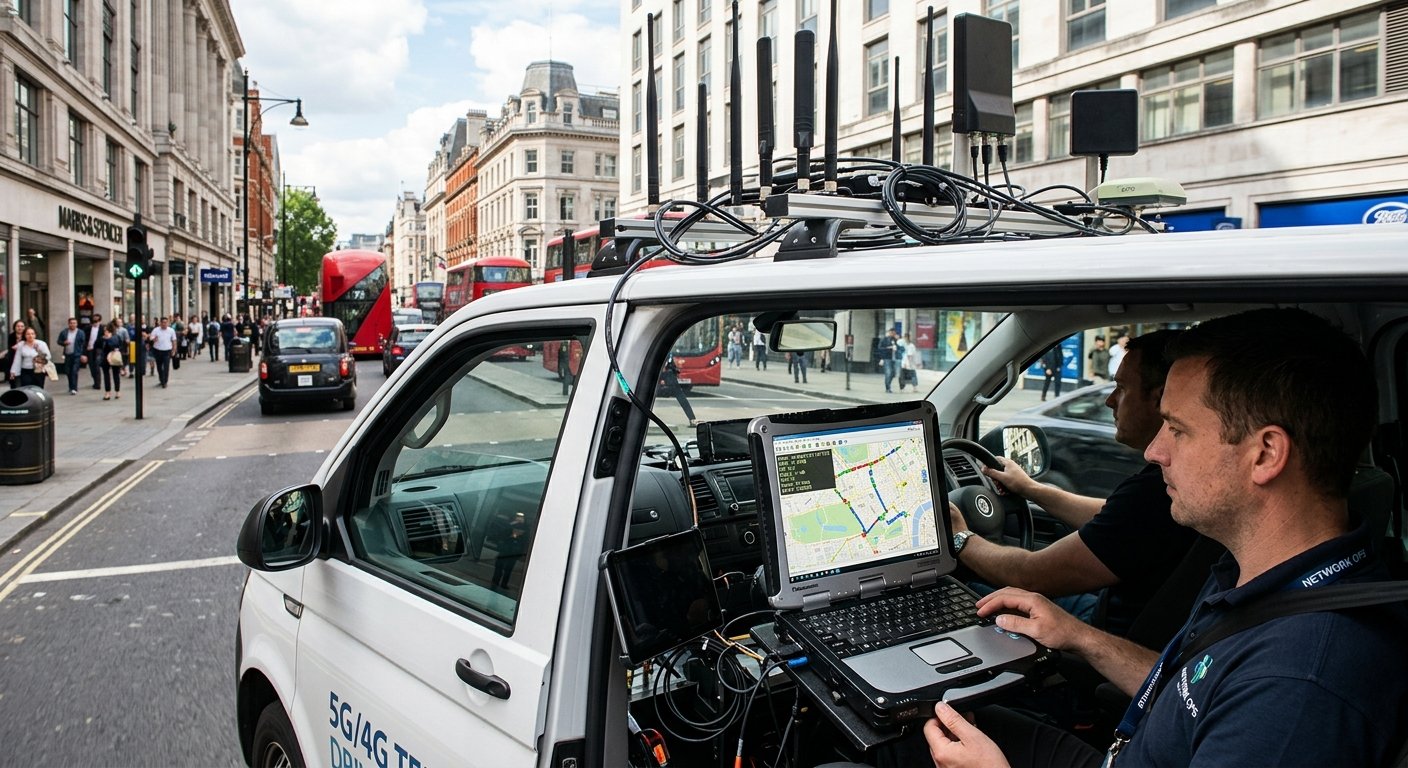 Drive test vehicle with rooftop antennas measuring RSRP, SINR, and PCI data along an urban route