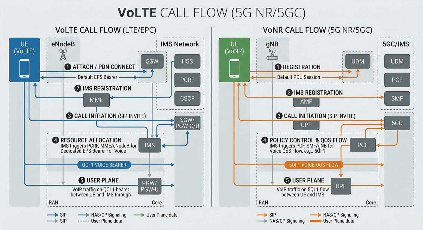 Technical diagram comparing VoLTE and VoNR call flow signaling paths over LTE and 5G NR