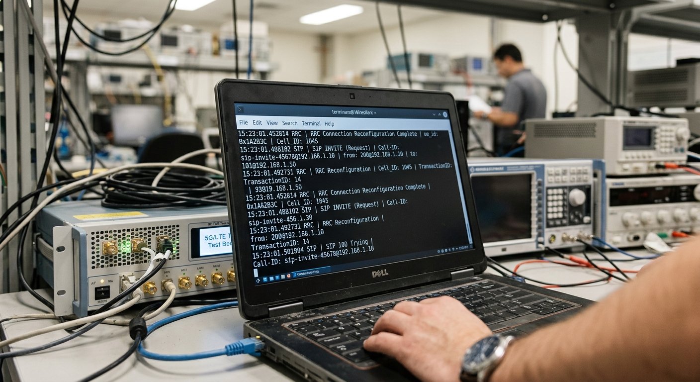 Engineer reviewing signaling log timestamps for SIP and RRC messages during voice call testing