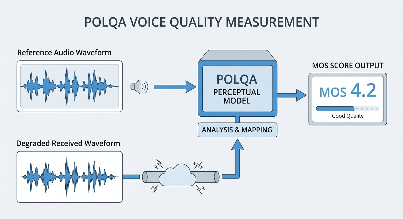 Conceptual diagram of POLQA voice quality measurement comparing reference and degraded audio signals producing a MOS score