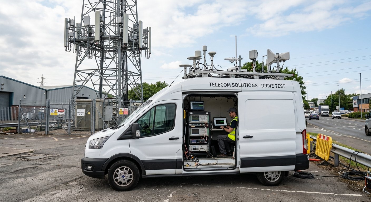 Drive test vehicle with rooftop test antennas near a 5G base station during a VoLTE and VoNR call test route